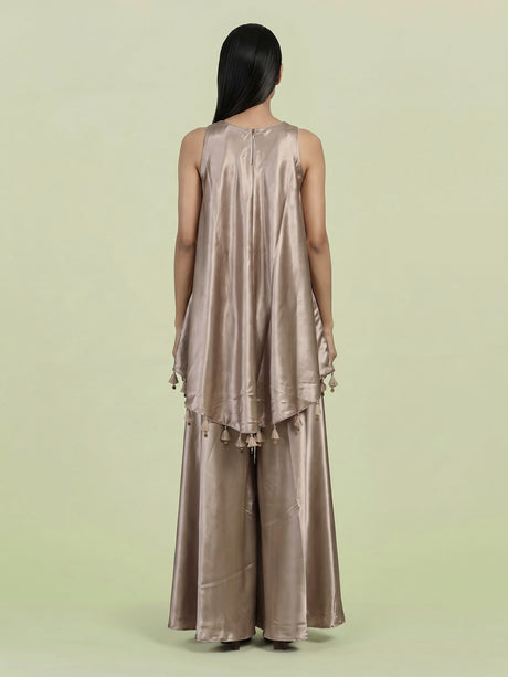Beige satin silk embroidered women palazzo suit