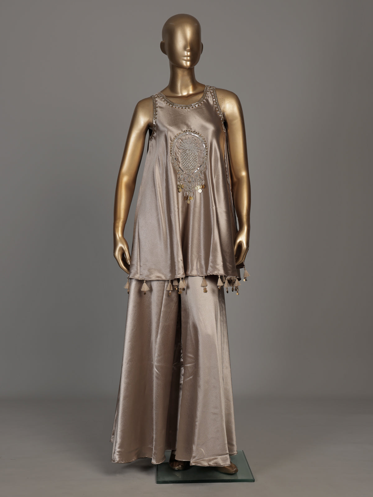Beige satin silk embroidered women palazzo suit