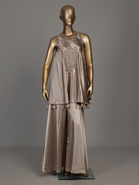 Beige satin silk embroidered women palazzo suit