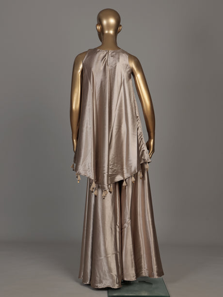 Beige satin silk embroidered women palazzo suit