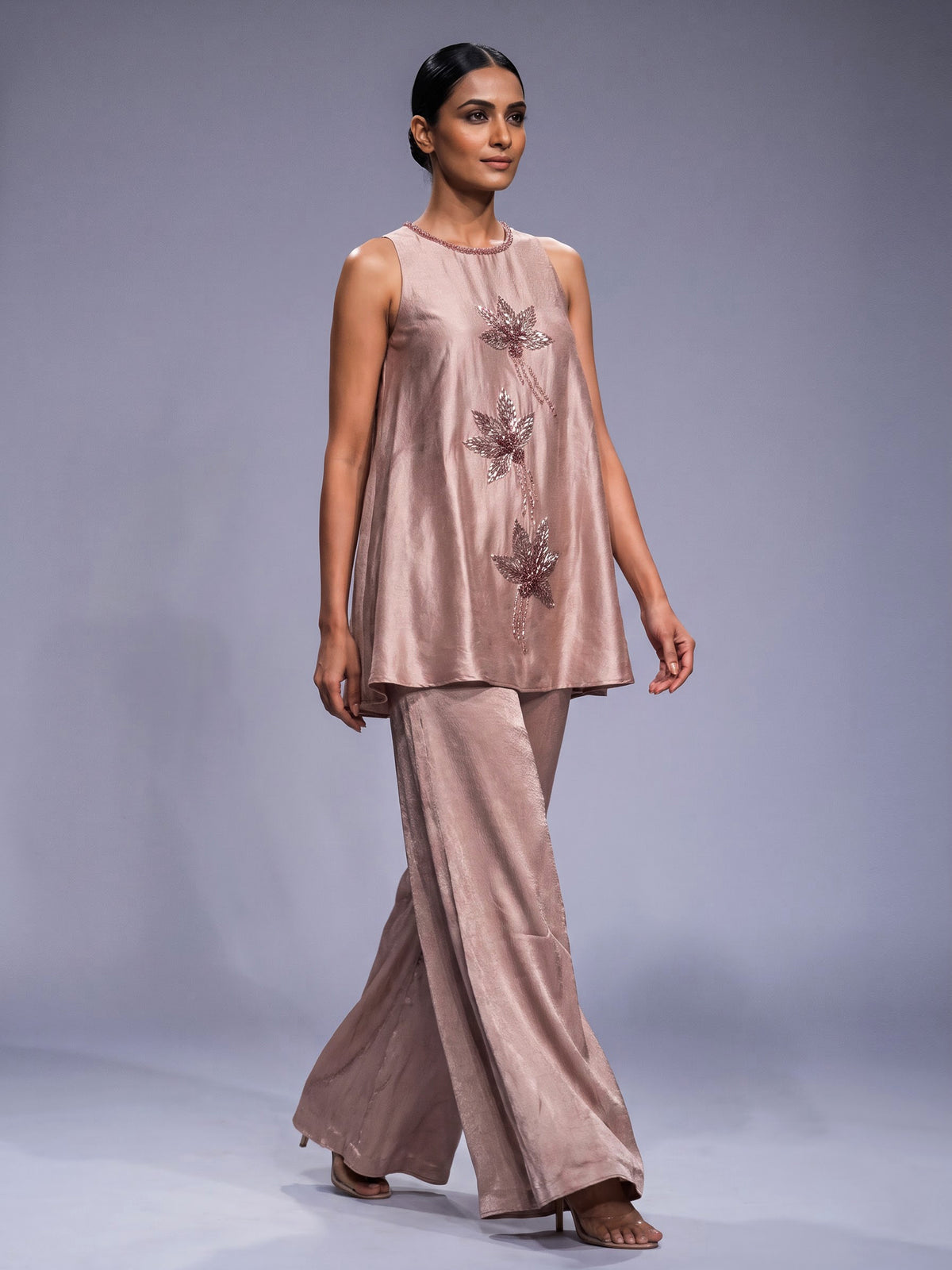 Pink botanical applique designer women palazzo suit