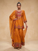 Mustard yellow heritage print women sharara set