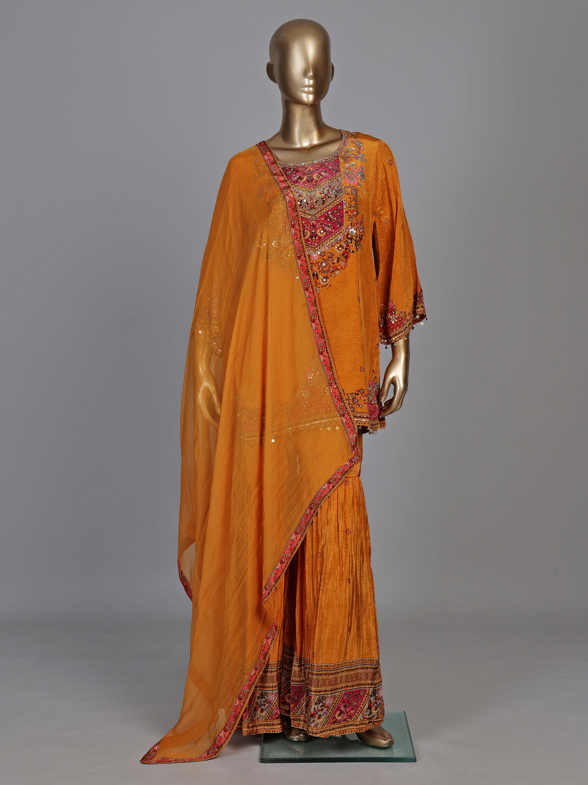 Mustard yellow heritage print women sharara set