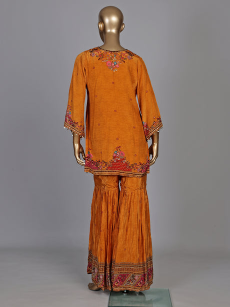 Mustard yellow heritage print women sharara set
