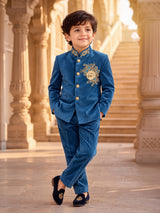 Teal blue antique botanical boys jodhpuri suit