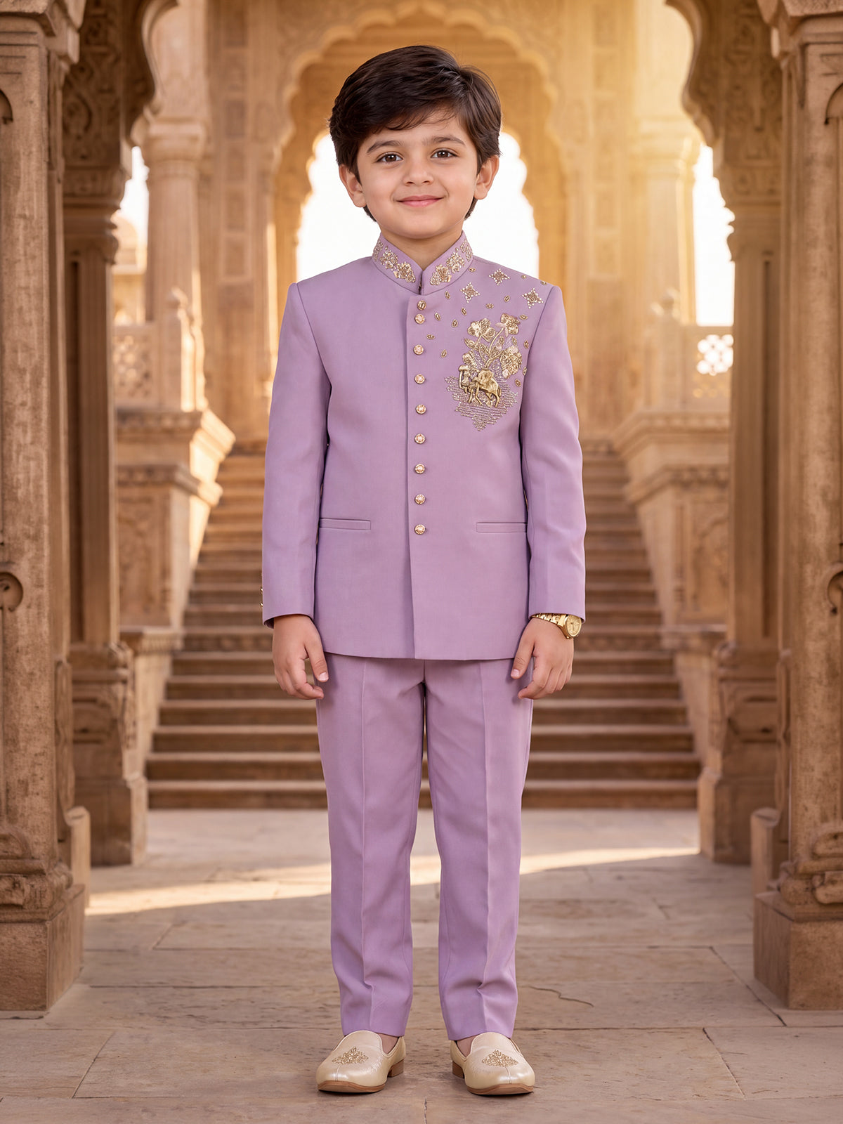 Lilac purple stone embellished boys jodhpuri suit
