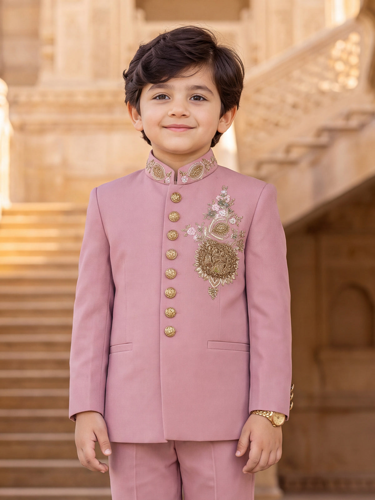 Pink heritage crest boys jodhpuri suit
