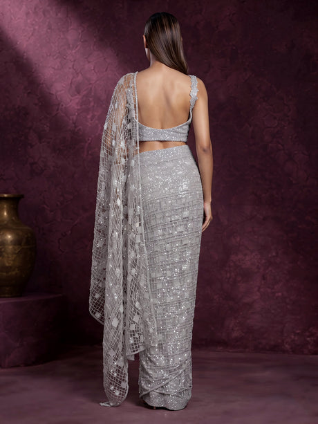 Silver scalloped strap designer women ready to wear saree