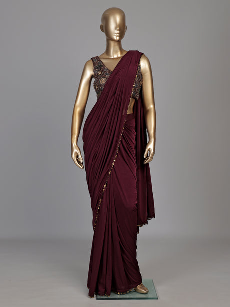 Wine metallic coin border designer women ready to wear saree