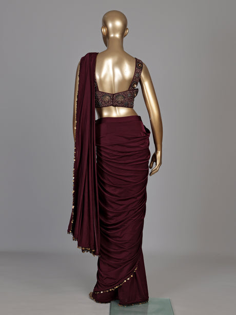 Wine metallic coin border designer women ready to wear saree
