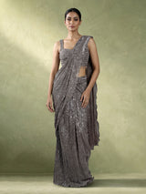 Grey sculpted drape designer women ready to wear saree