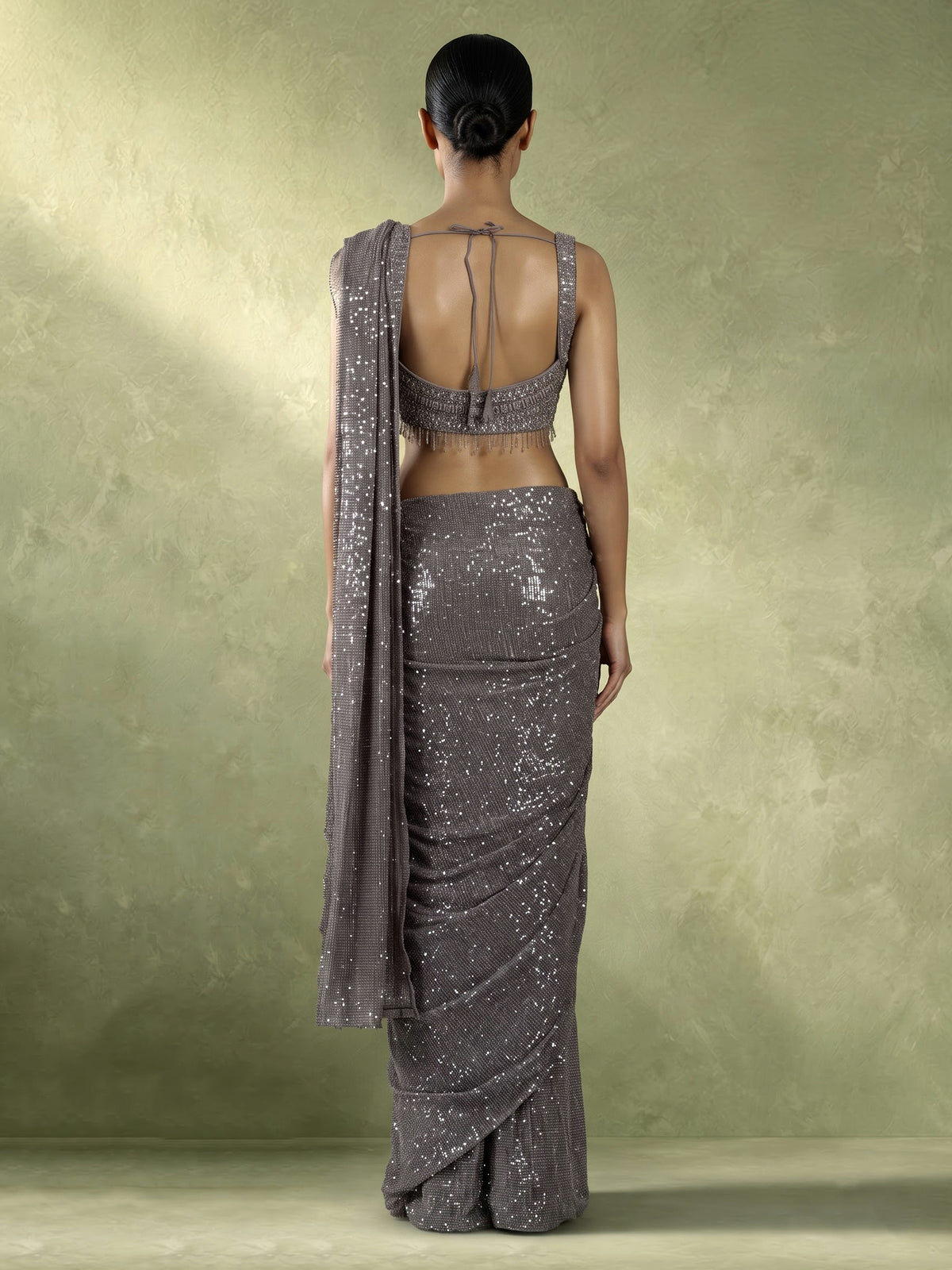 Grey sculpted drape designer women ready to wear saree