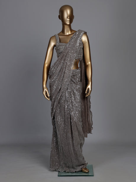 Grey sculpted drape designer women ready to wear saree