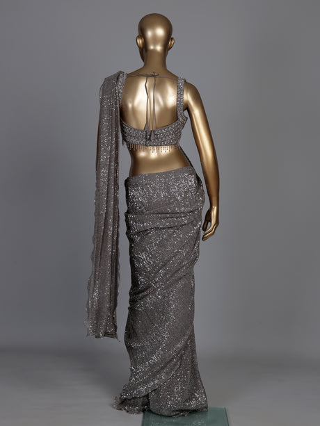 Grey sculpted drape designer women ready to wear saree