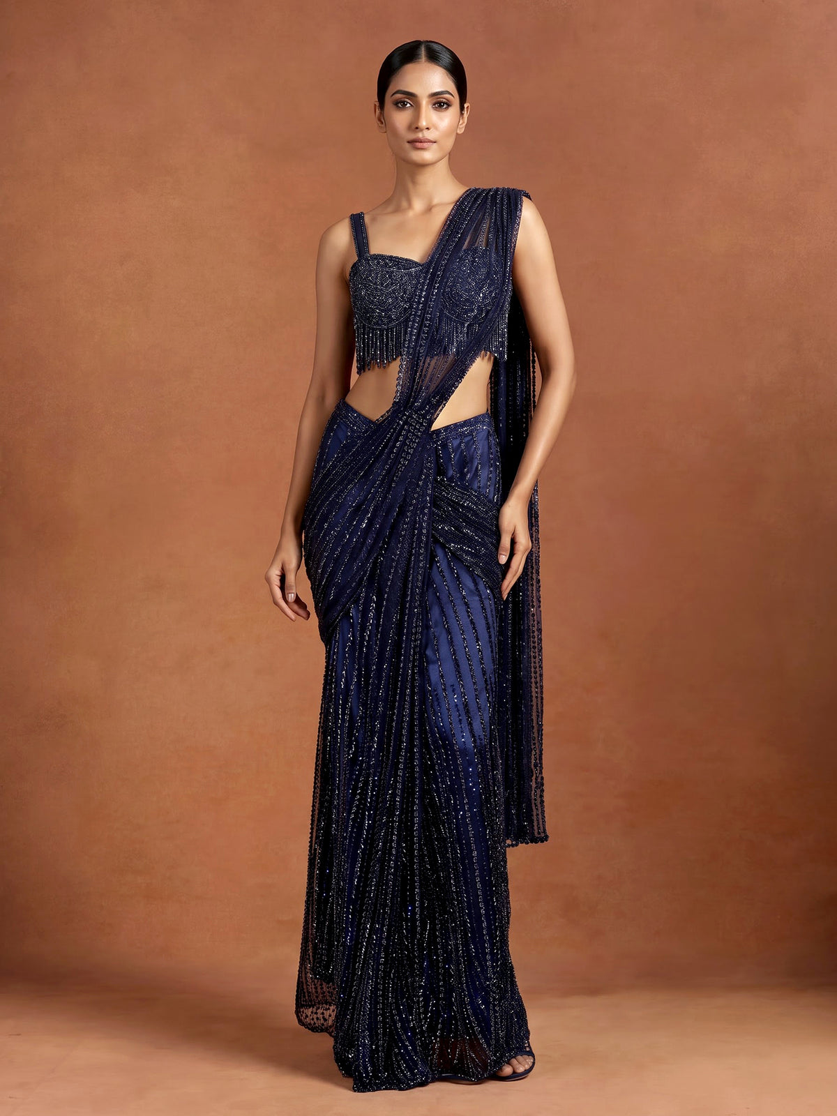 Blue crystal fringe designer women ready to wear saree