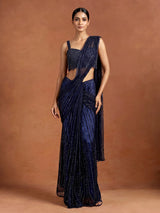 Blue crystal fringe designer women ready to wear saree