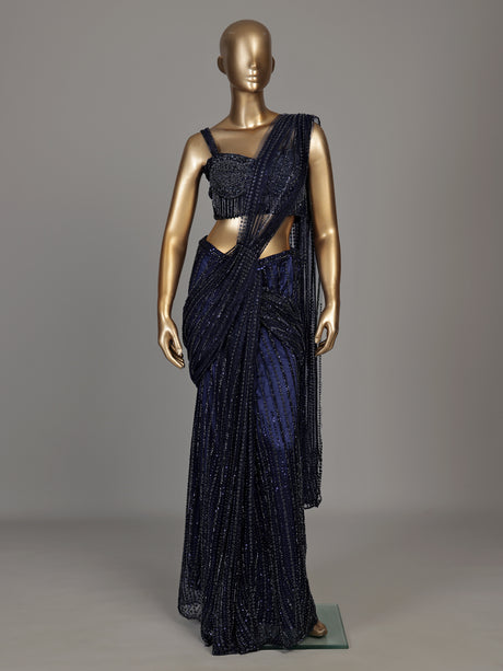 Blue crystal fringe designer women ready to wear saree