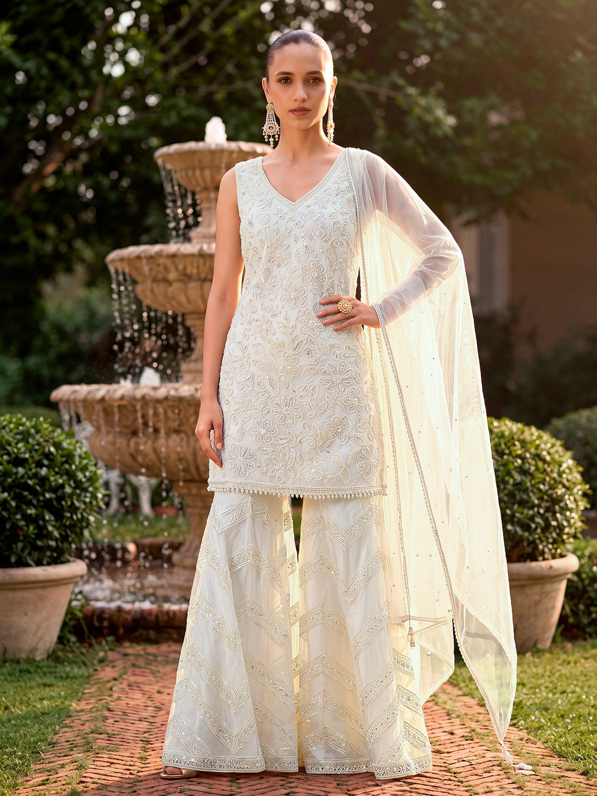 Cream chrysanthemum tapestry women sharara suit