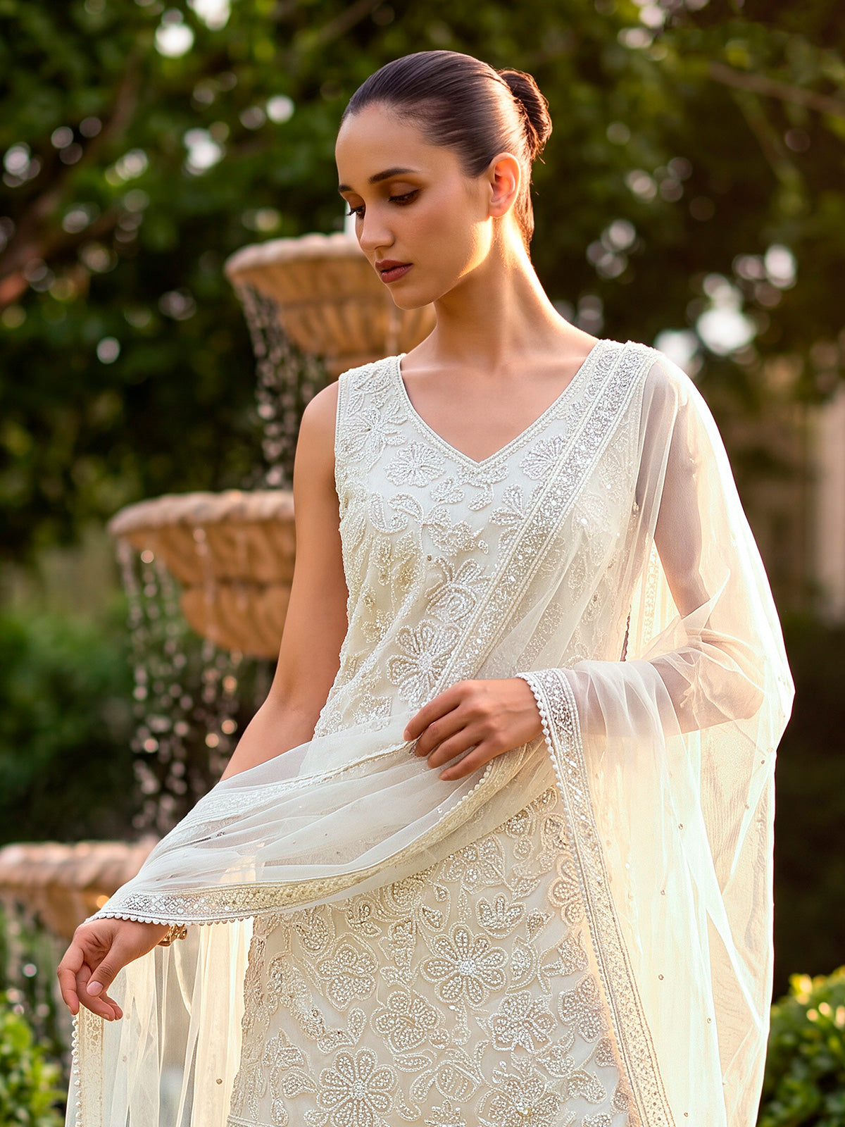 Cream chrysanthemum tapestry women sharara suit