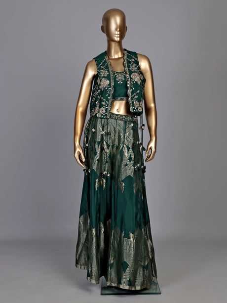 Bottle green zari jacket women palazzo suit