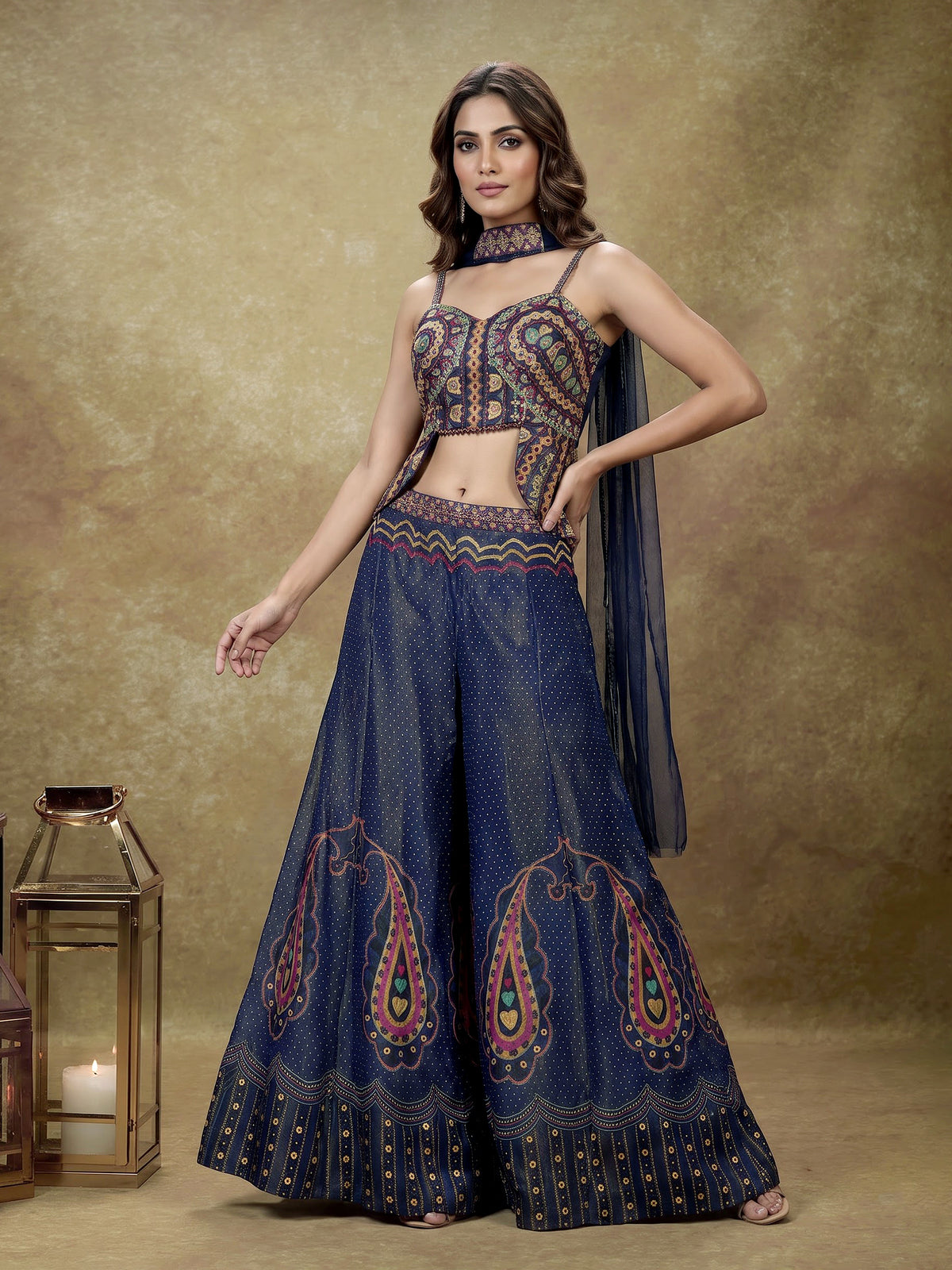 Blue bandhani printed women sharara suit