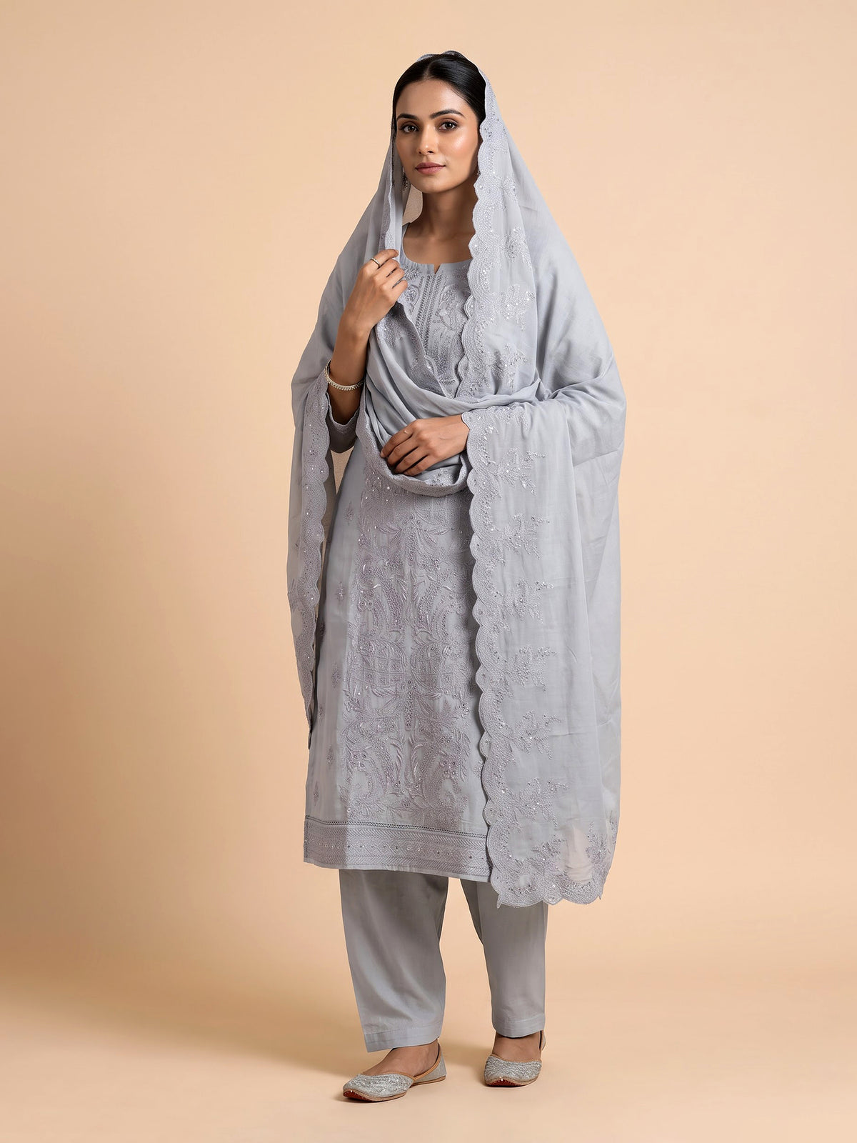 Grey mirrorwork botanical jaal women pant suit