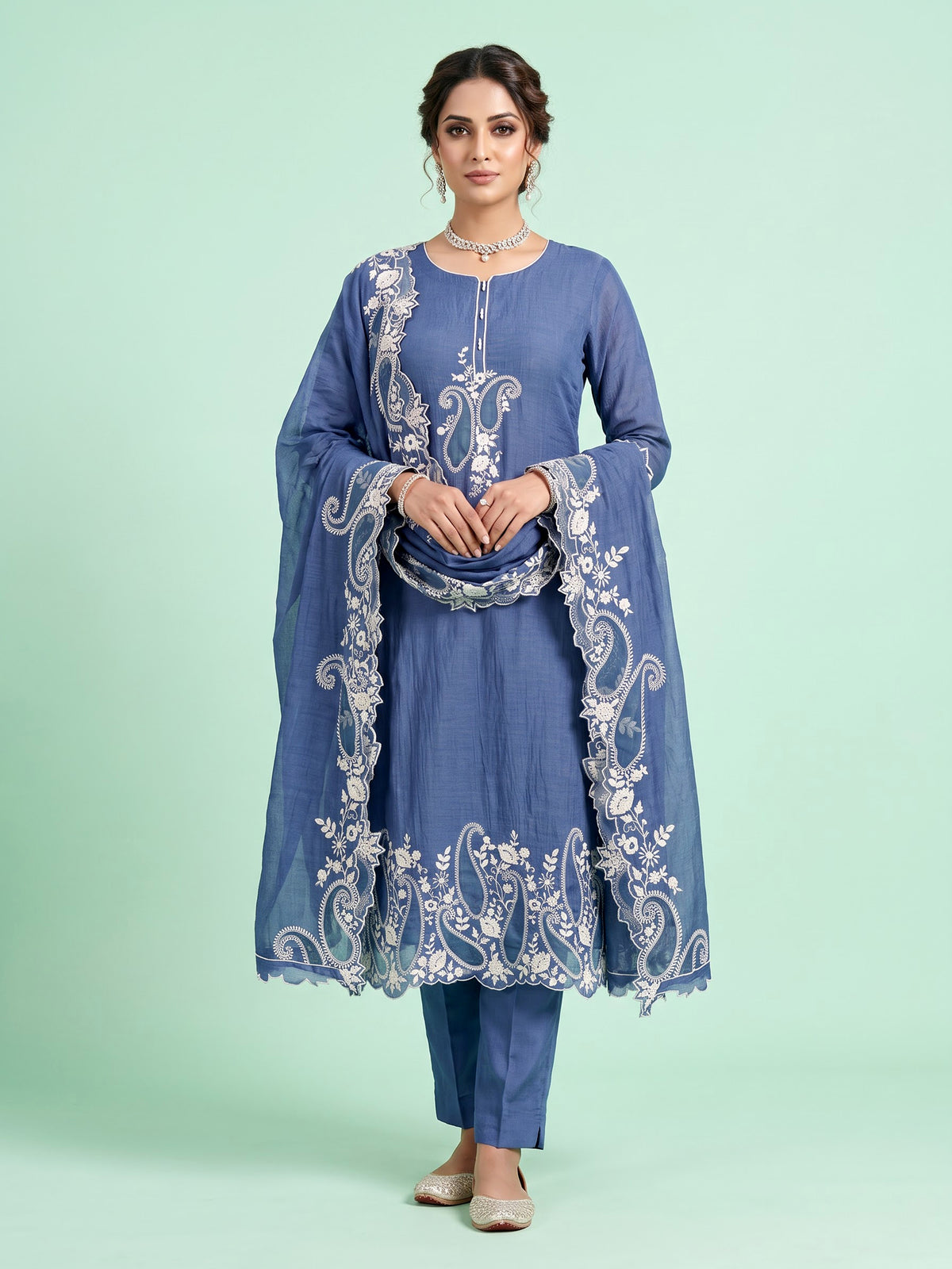 Denim blue paisley pearl women pant suit