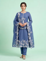 Denim blue paisley pearl women pant suit