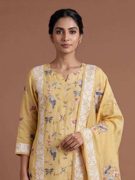 Yellow persian garden bird women pant suit