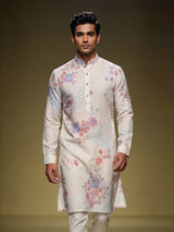 Off white floral printed linen kurta with mandarin collar