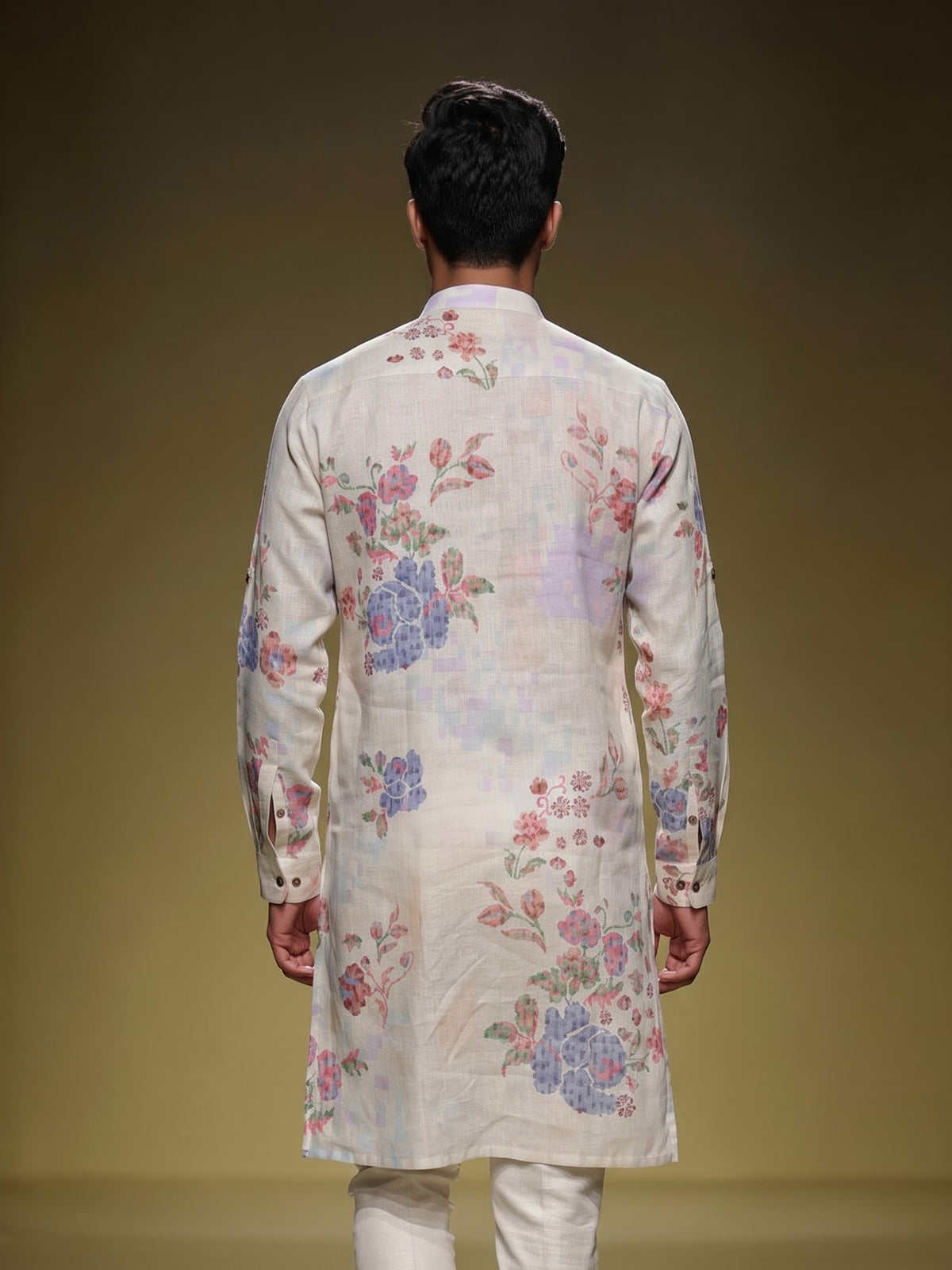 Off white floral printed linen kurta with mandarin collar