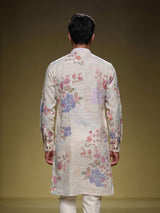 Off white floral printed linen kurta with mandarin collar