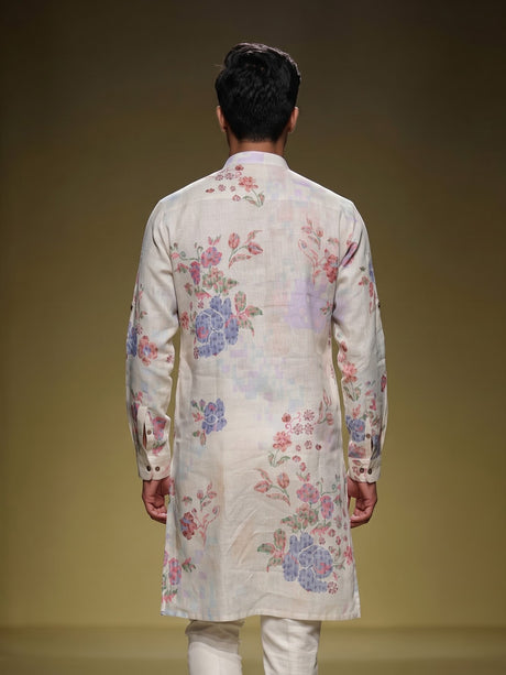 Off white floral printed linen kurta with mandarin collar
