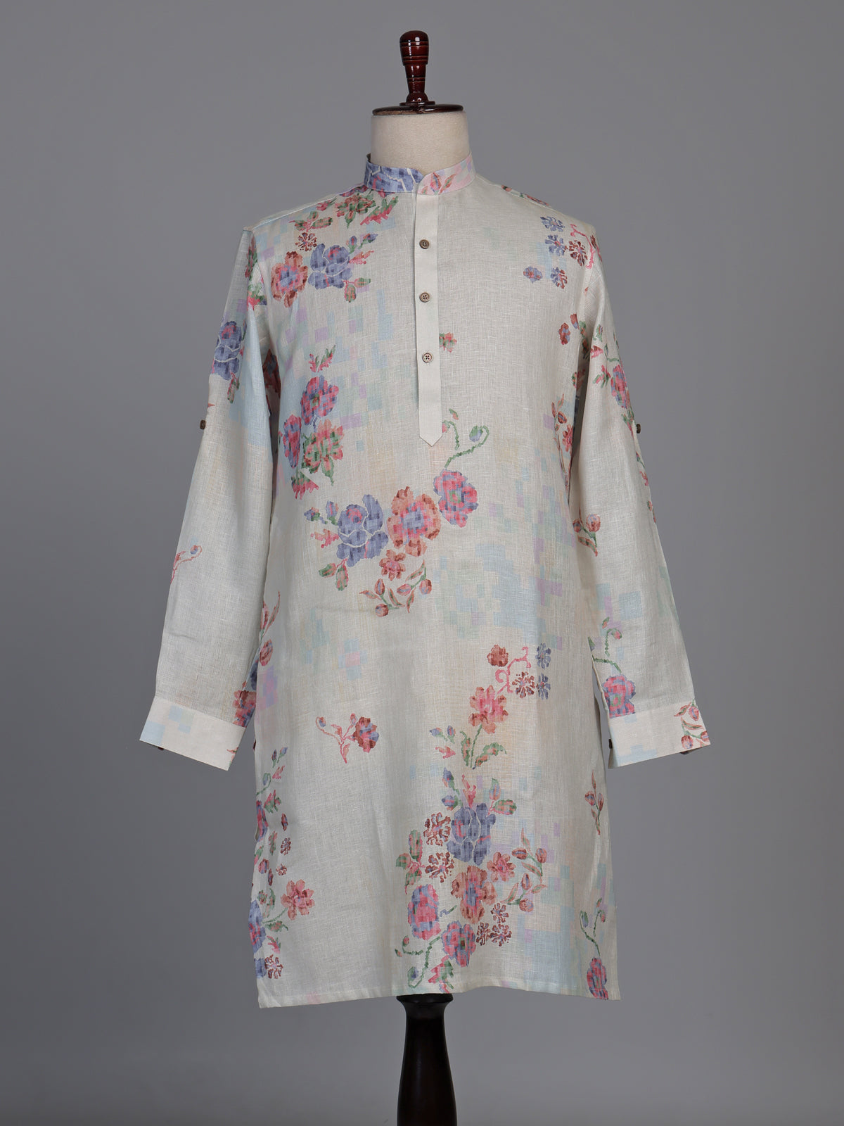 Off white floral printed linen kurta with mandarin collar