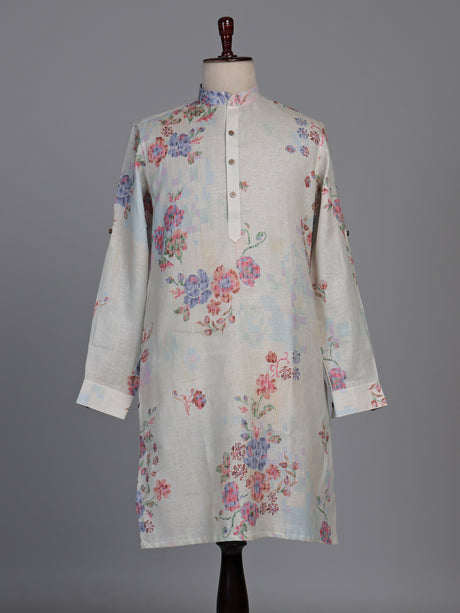 Off white floral printed linen kurta with mandarin collar