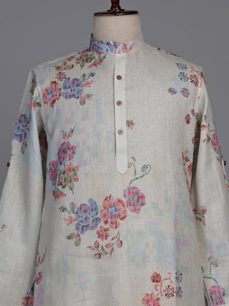 Off white floral printed linen kurta with mandarin collar