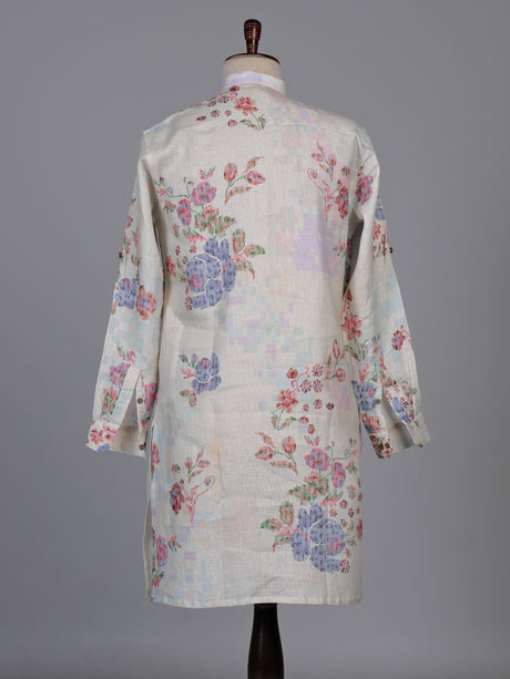 Off white floral printed linen kurta with mandarin collar