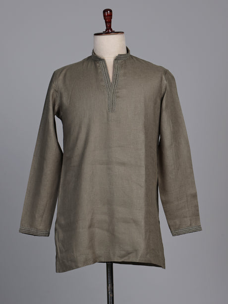 Mehendi green linen short kurta with mandarin collar