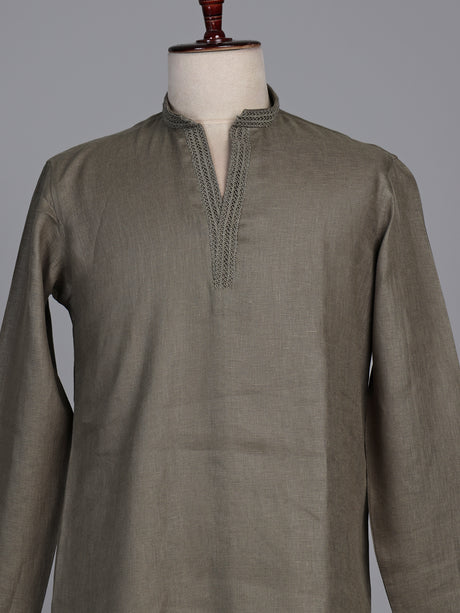 Mehendi green linen short kurta with mandarin collar