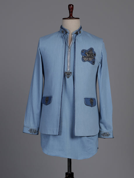 Sky blue waistcoat set with embellished brooch