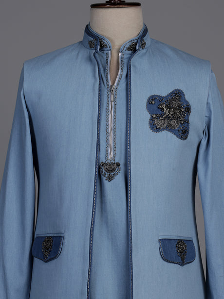 Sky blue waistcoat set with embellished brooch
