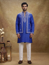 Blue embroidered jute waistcoat set