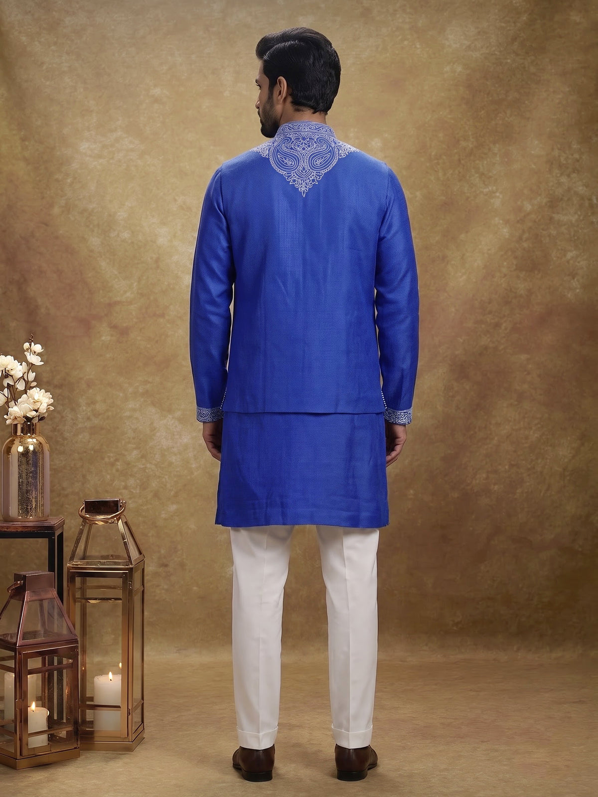 Blue embroidered jute waistcoat set