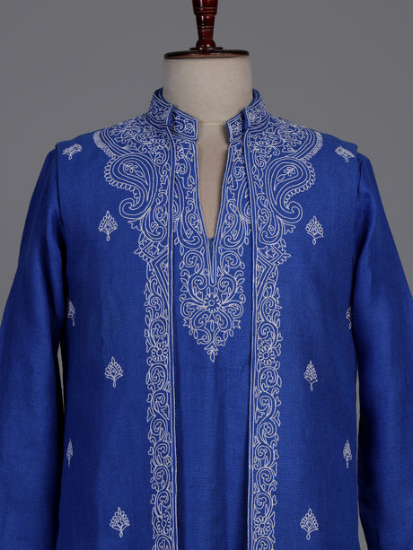 Blue embroidered jute waistcoat set