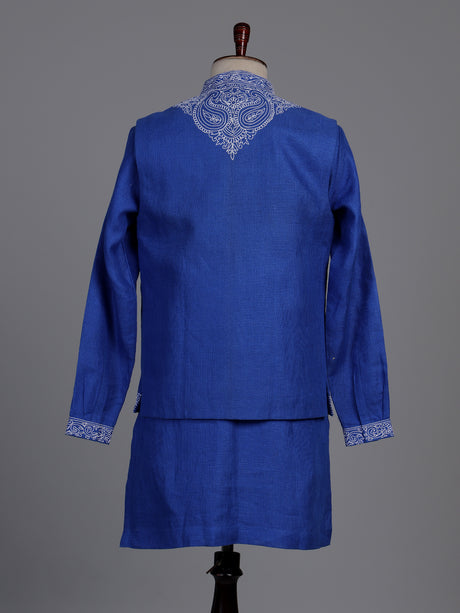 Blue embroidered jute waistcoat set