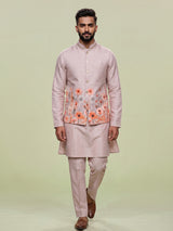 Blush pink floral print Nehru waistcoat kurta set