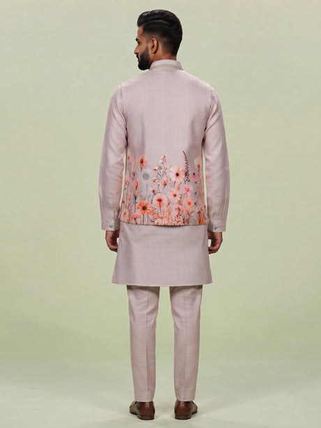 Blush pink floral print Nehru waistcoat kurta set