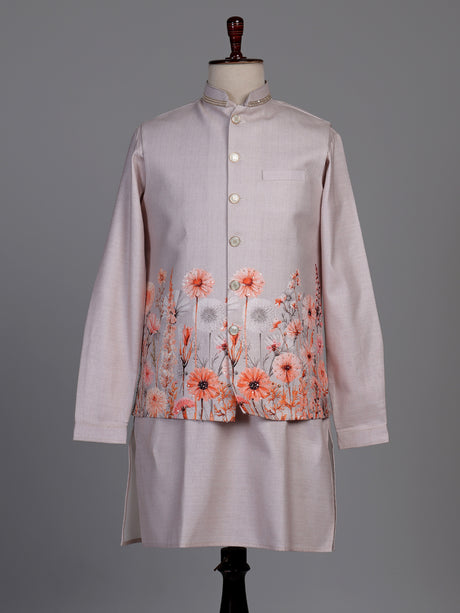 Blush pink floral print Nehru waistcoat kurta set
