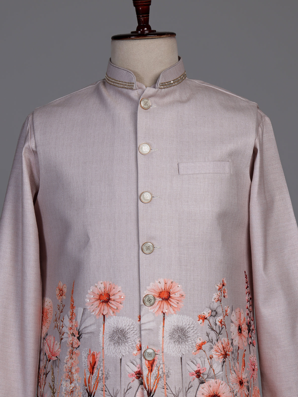 Blush pink floral print Nehru waistcoat kurta set