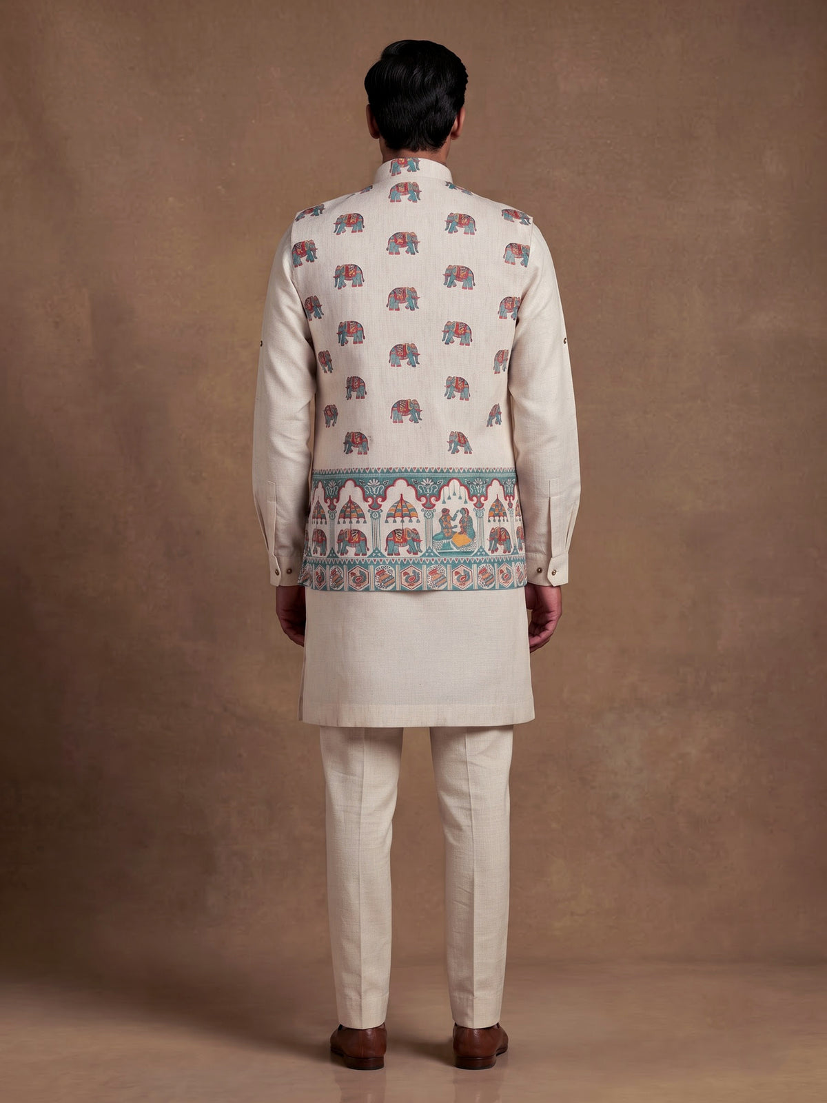 Beige royal elephant procession printed waistcoat set